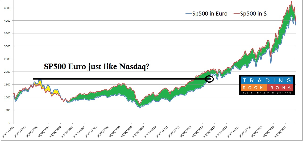 Grafico dello SP500 in dollari ed euro