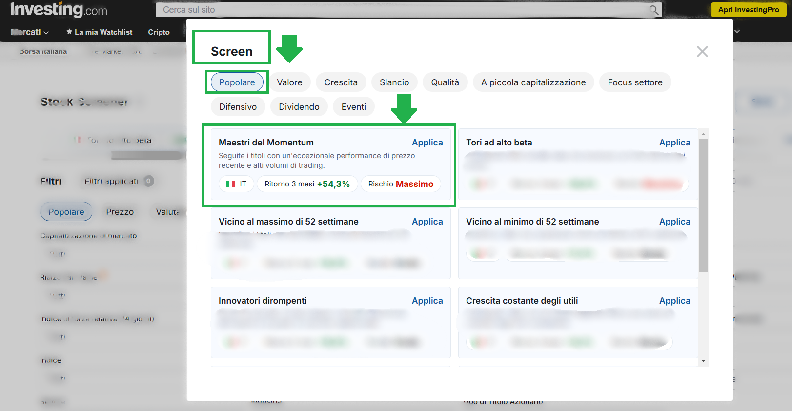 Stock screener - Maestri del Momentum