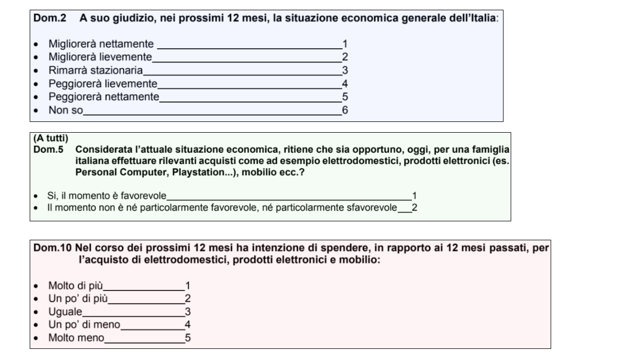 Quesiti posti ai consumatori per elaborare il dato macroeconomico. Fonte: Istat