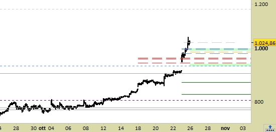 Tesla (Nasdaq), grafico a barre da 30 minuti. Prezzi alla chiusura del 25/10/21, last 1024.86