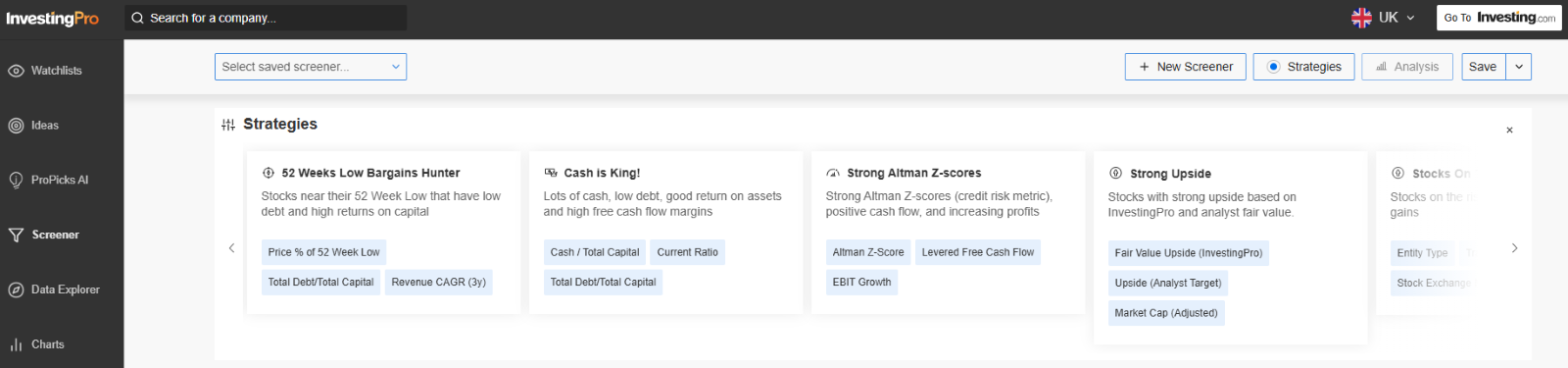 InvestingPro Stock Scanner - Preconfigured Screens