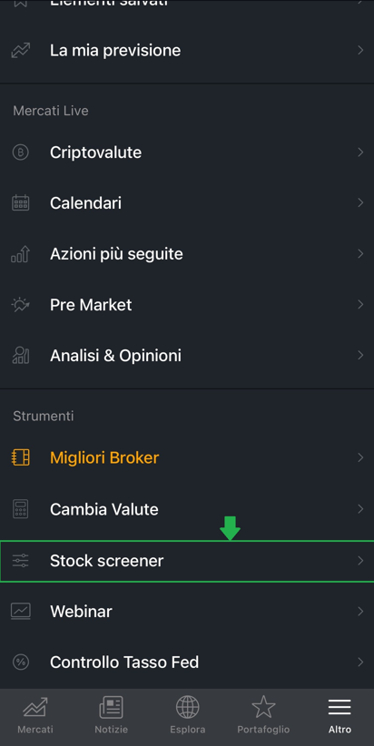 Entra nello Stock Screener