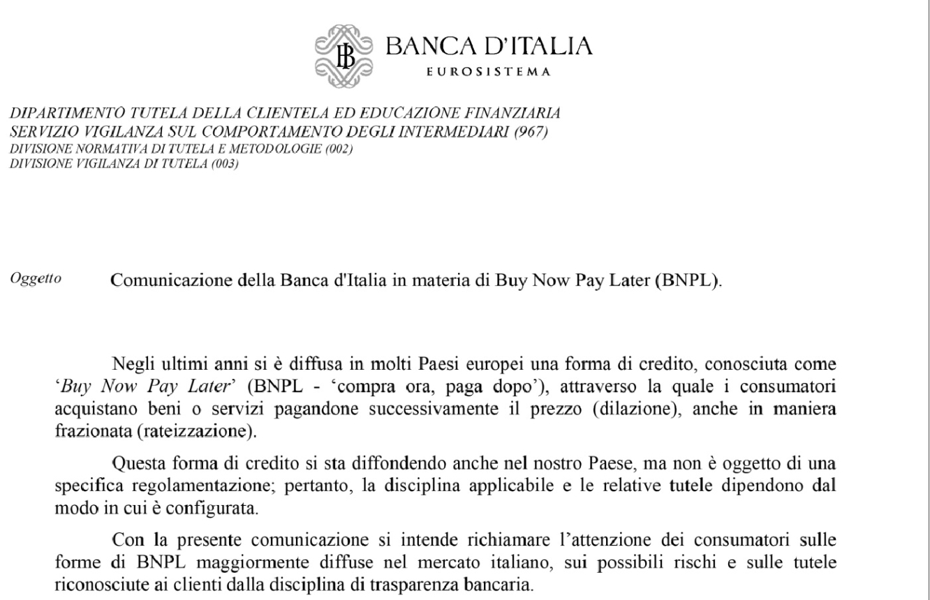 Comunicazione della Banca D'Italia