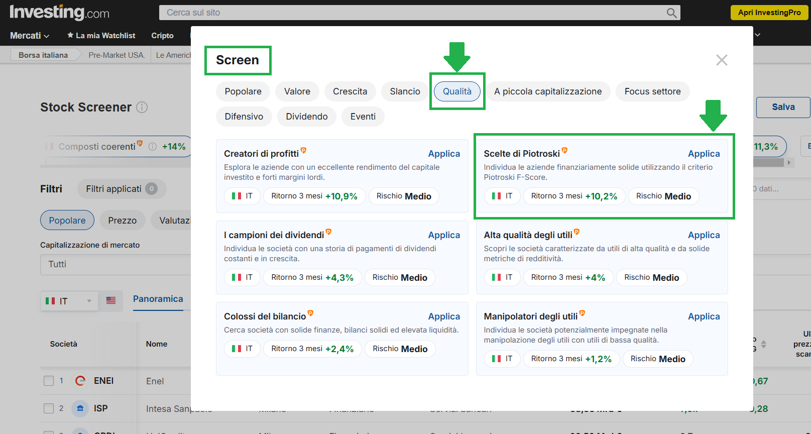 Dove trovare il filtro su investing.com